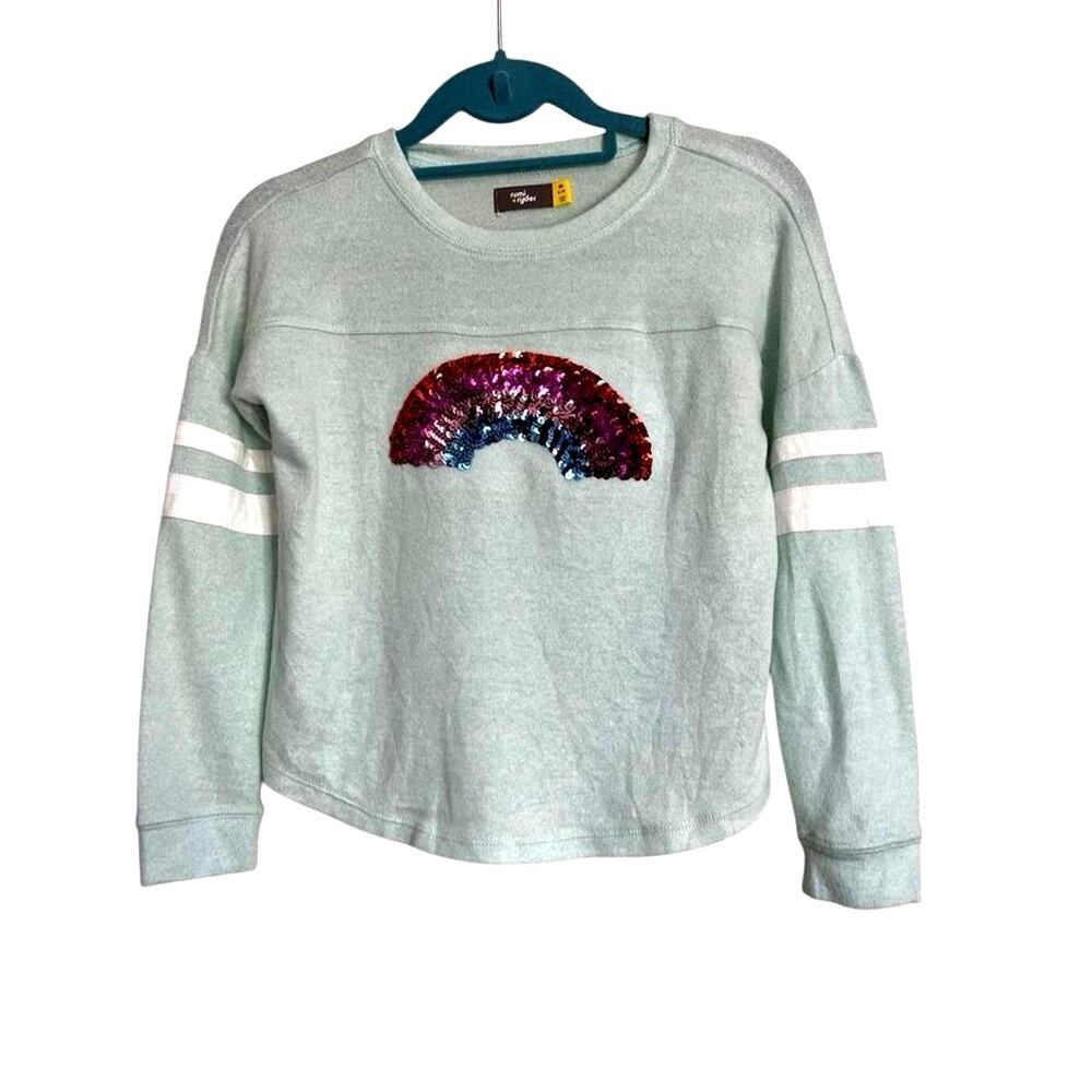 Rumi + Ryder Top Girls Medium Blue Green Rainbow Sequin Long Sleeve Trendy NWT